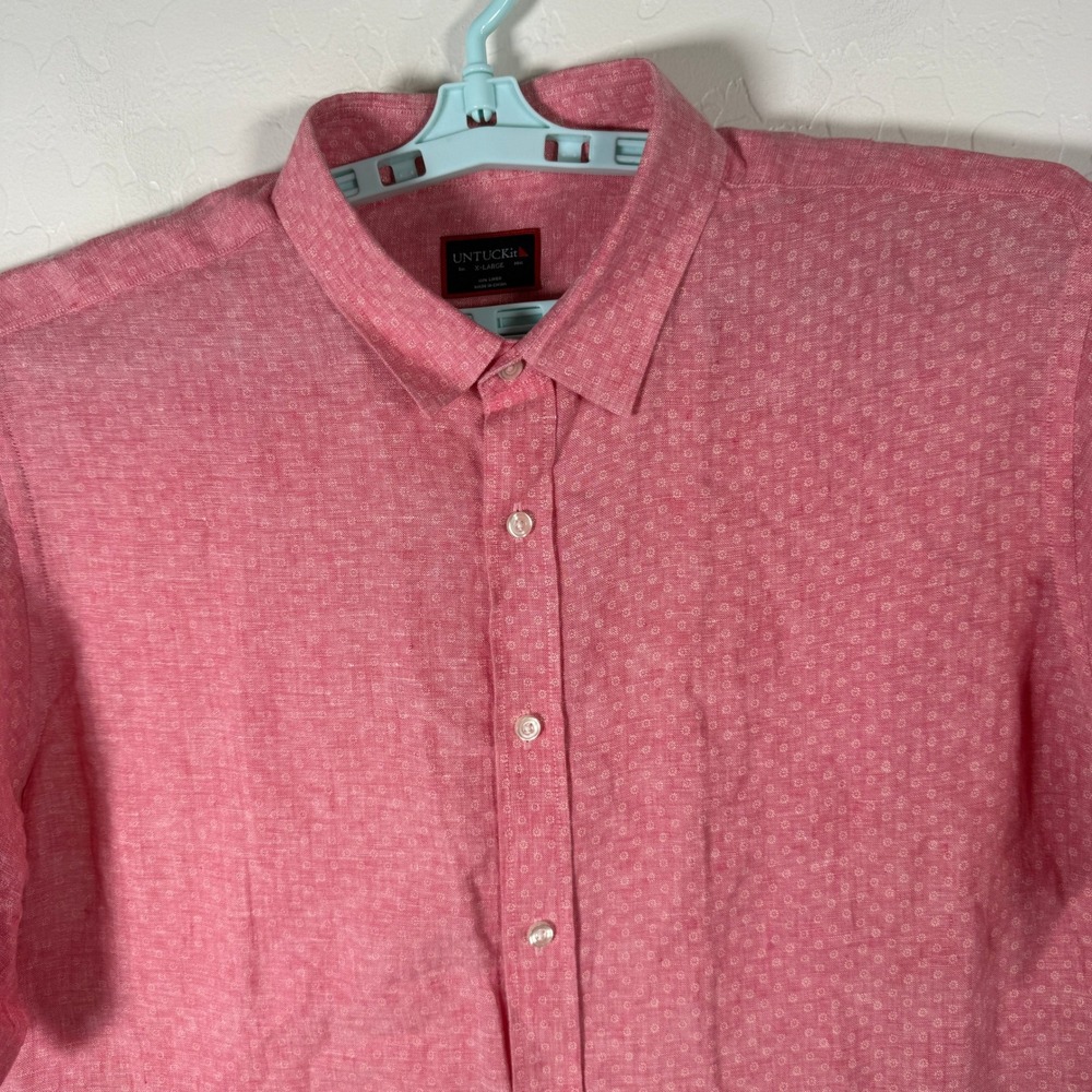 Untuckit Shirt Mens XL Pink Linen Short Sleeve Casual Button Down Polka Dot